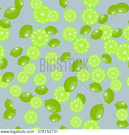 Seamless Pattern With Slices Of Lime And Whole Fruits On A Gray Background