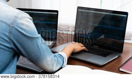 Programmer Or Software Developer Typing New Lines Of Code, Coding Technologies Working At Wooden Ind