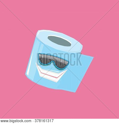 Vector Funny Cartoon Toilet Paper Roll Character With Sunglasses Isolated On Pink Background. Funky 