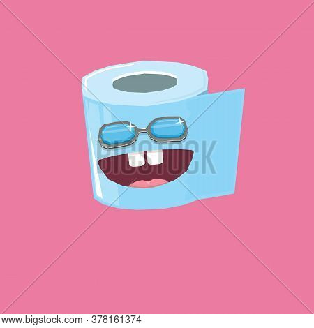 Vector Funny Cartoon Toilet Paper Roll Character With Sunglasses Isolated On Pink Background. Funky 