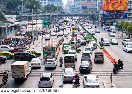 Bangkok, Thailand -january 10,2020 : Transport Environmental Pollution, Traffic Jam In Rush Hour In 