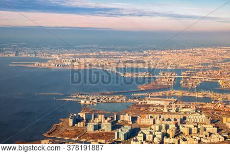 Aerial View Of St. Petersburg, Neva River Delta And Gulf Of Finland. Vasilievsky Island With Alluvia