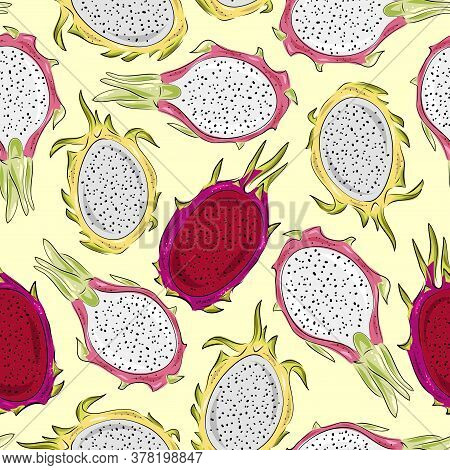Seamless Pattern With Dragon Fruits Pitaya Red, Yellow, Pink Color, On Background. Hand Drawn Vector