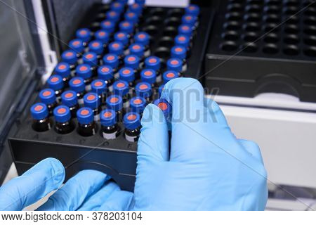 Close Up Woman Hand In A Rubber Gloves Put Sample In A Glass Vial With Blue Cap Into The Autosampler