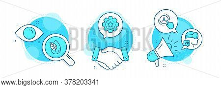 Ab Testing, Settings Gear And Organic Product Line Icons Set. Handshake Deal, Research And Promotion
