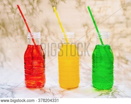 Natural Colorful Lemonade Drinks In Plastic Bottles With Tubes, Natural Isotonic Fitness Drinks, Org
