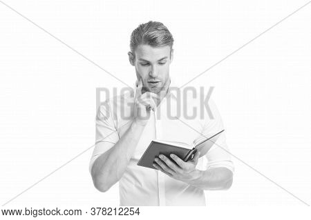 Reading Feeds Imagination. Young Student Read Book Isolated On White. Imagination And Fantasy. Use O