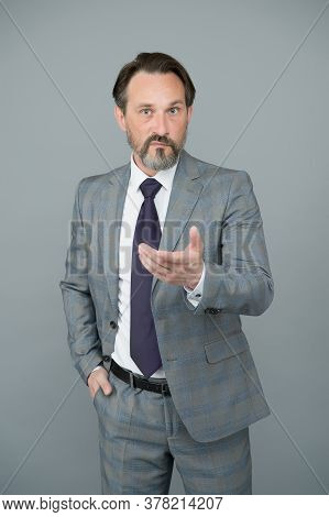Keep Professional Look Up. Professional Man Grey Background. Mature Employee Wear Formal Suit. Profe