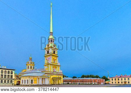Watercolor Drawing Of Saints Peter And Paul Cathedral Orthodox Church With Golden Spire In Peter And