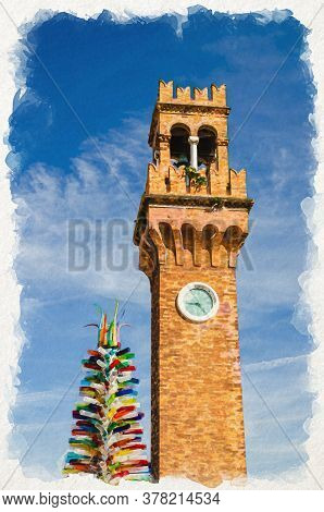 Watercolor Drawing Of Top Of Murano Clock Tower Torre Dellorologio And Colorful Christmas Tree Made 