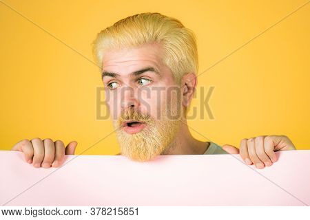 Close Up Portrait Of Blonde Man Holding A Pink Blank Billboard Isolated On Yellow Background Isolate