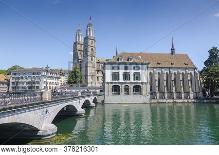 Zurich, Switzerland - 1 August, 2019: Panorama View Of Historic City Center Of Zurich With Fraumunst