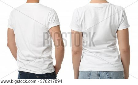 Man And Woman In T-shits On White Background, Closeup With Back View. Mockup For Design