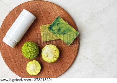 Natural Green Soap From The Fruit Of The Osage Orange, Maclura Fruits On A Light Background, Copy Sp