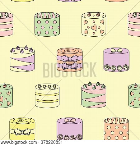 Cream And Multicolor Pastel Decorated Cake Theme Seamless Repeating Pattern.