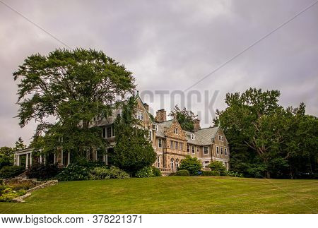 Bristol, Rhode Island - July, 3 2020: Historic Blithewold Mansion, Gardens & Arboretum. Extensive Gr