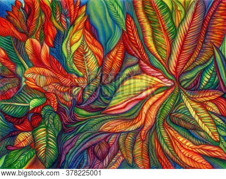 Composition Tropic Exotic Plants. Bright Multicolored Leaves On A Blue-green Background. Watercolor 