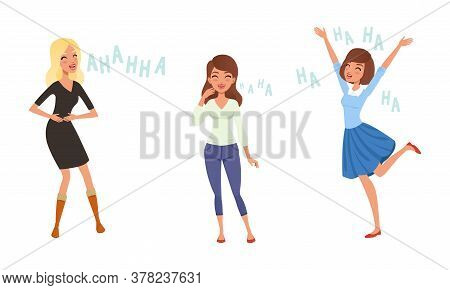 Happy Young Women Laughing Set, People Positive Emotions Cartoon Style Vector Illustration