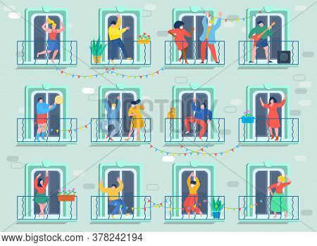Concept Of Quarantine. People Staing At Home And Dance On Their Balconies. Stay Home Concept. Self I