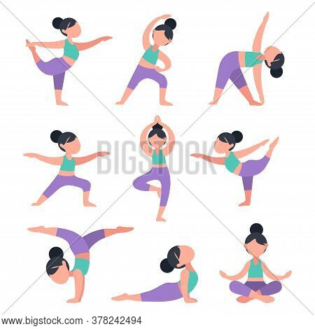 Set Of Flat Girls Doing Yoga. Bundle Of Women In Different Poses For Training. Exercises For Health,
