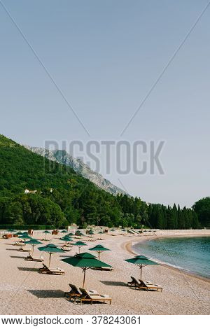Luxurious Wooden Sun Loungers And Green Beach Umbrellas, On A Sandy Beach In Milocer Park, Near Svet