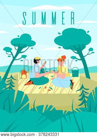 Summer Banner Or Poster Template With Romantic Beachside Picnic Scene, Flat Cartoon Vector Illustrat