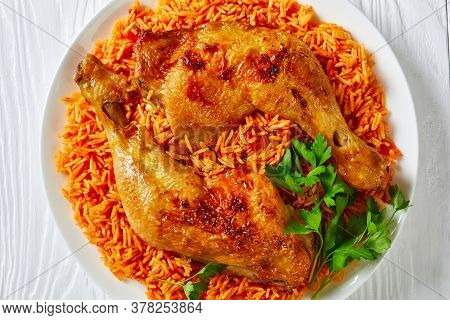 Simple Side Dish: Tomato Rice With Roasted Chicken Quarters Cooked Of Basmati Rice With Red Chili Po