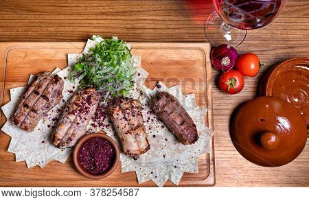 Lyulya Kebab, Sheep Meat Meal With Red Wine, Top View