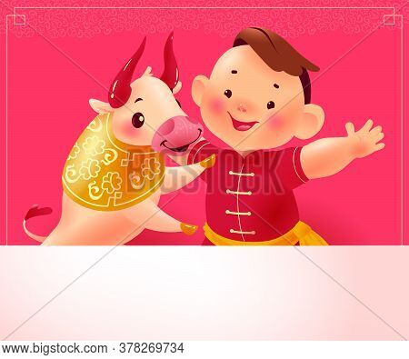 Chinese New Year Banner With Happy Boy Character In Oriental Traditional Hanfu Suit, Bull Animal Mas