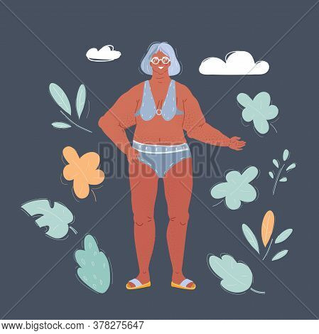 Cartoon Illustration Of Elderly Woman Standing On Dark Background