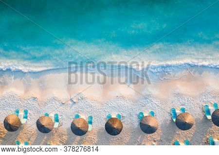 Aerial view of blue ocean with crystal clear turqouise water of Thassos island, Greece