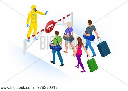 Isometric Tourism Industry Crisis. Flight Ban, Closed Borders For Tourists And Travelers With Corona