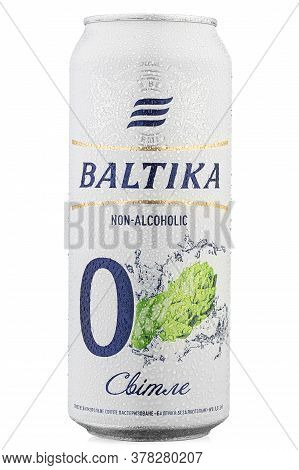 Ukraine, Kyiv - June 23. 2020: Aluminium Can Beer Baltika, Non Alcoholic 0,  On White Background. In