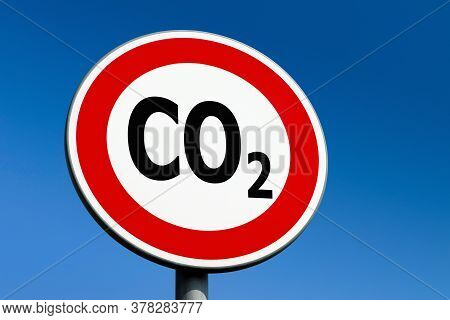 A Red Circle Traffic Sign Demanding The Co2 Carbon Dioxide Emmisions From Industry To Stop Rising An