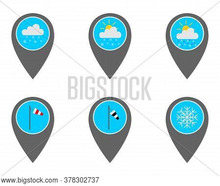 Detailed And Accurate Illustration Of Location Pins With Weather Symbols