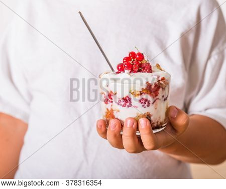 Layered Trifle Dessert With Sponge Cake, Whipped Cream And Raspberries In Child Hands