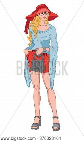 Young Blonde Woman With Serious Facial Expression. Bing Red Hat And Short Dress, Blue Blouse, Gray S