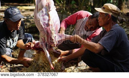 Yogyakarta, Indonesia - August 11th 2019: Eid Al-adha Celebration. Muslim People Help Each Other In 