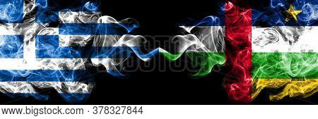 Greece Vs Central African Republic Smoky Mystic Flags Placed Side By Side. Thick Colored Silky Abstr