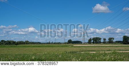 Highest Electricity Pylons, High Voltage Pylons In Europe On The Elbe Near Hamburg