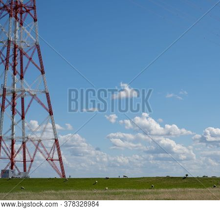 Highest Electricity Pylons, High Voltage Pylons In Europe On The Elbe Near Hamburg