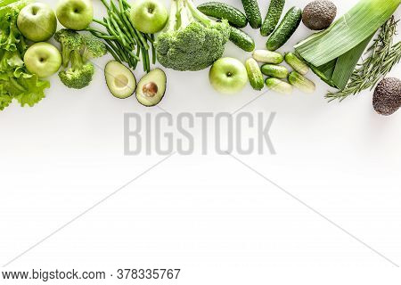Greeny Cocktail Ingredients. Background. Сucumber, Avocado, Broccoli, Beans, Leek And Fresh Apple On