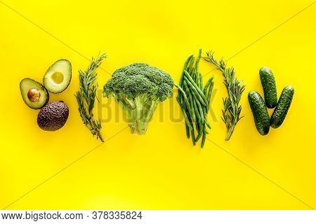 Greeny Cocktail Ingredients.green Vegetables Background. Сucumber, Avocado, Broccoli, Beans, Leek An