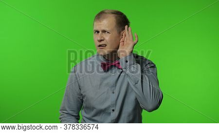 What. I Cant Hear You. Confused Man Having Hearing Problems, Asking To Say Louder, Difficult To List