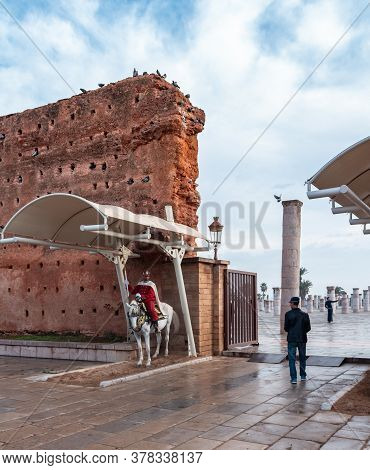 Rabat, Morocco - October 26, 2018: Royal Mounted Guard On Arab Horse, Outside The The Hassan Tower A