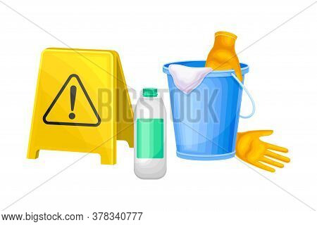 Detergent And Disinfectant In Bottle And Bail With Gloves For Household Chores Vector Illustration