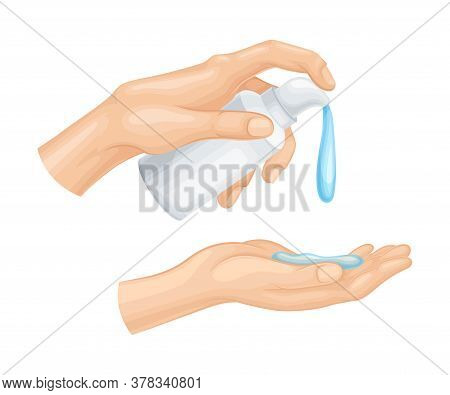 Hand Using Sanitizer Gel As Detergent And Disinfectant Vector Illustration