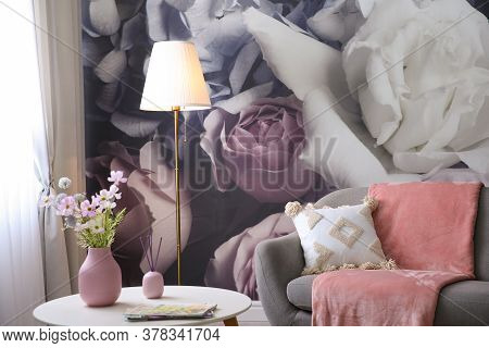 Beautiful Floral Photoart Work Used As Wallpaper In Living Room Interior