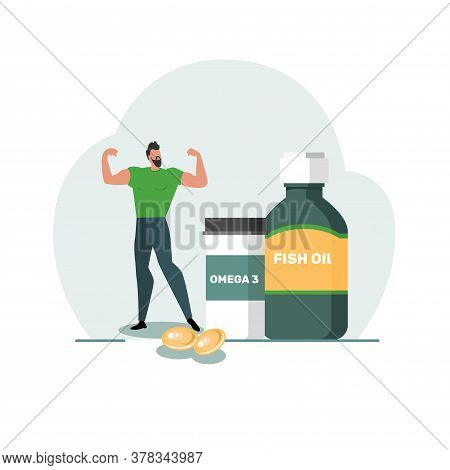 Healthy Lifestyle Concept. Fish Oil Food Supplement. An Image Of A Strong Man And Medical Supplies. 