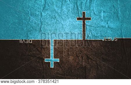 Jesus Vs Devil. Confrontation Of Well And Evil. Cross And Text. Thin Line Style